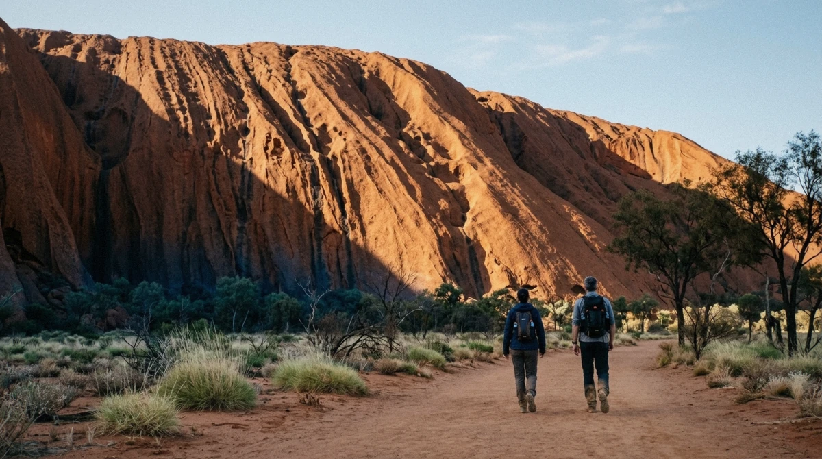 Two walkers on the flat sand track below the rock face on an Uluru base walk tour at sunrise, Uluru-Kata Tjuta National Park Australia