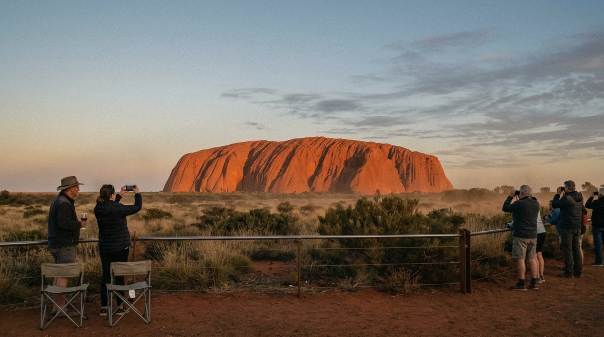 The west face glowing red at the sunset viewing area during an Uluru sunset tour, Uluru-Kata Tjuta National Park Northern Territory